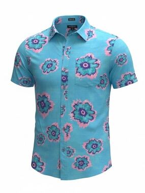 Volcom Button Up Shirt Mens Medium Blue Pink Floral Skate Surf Casual